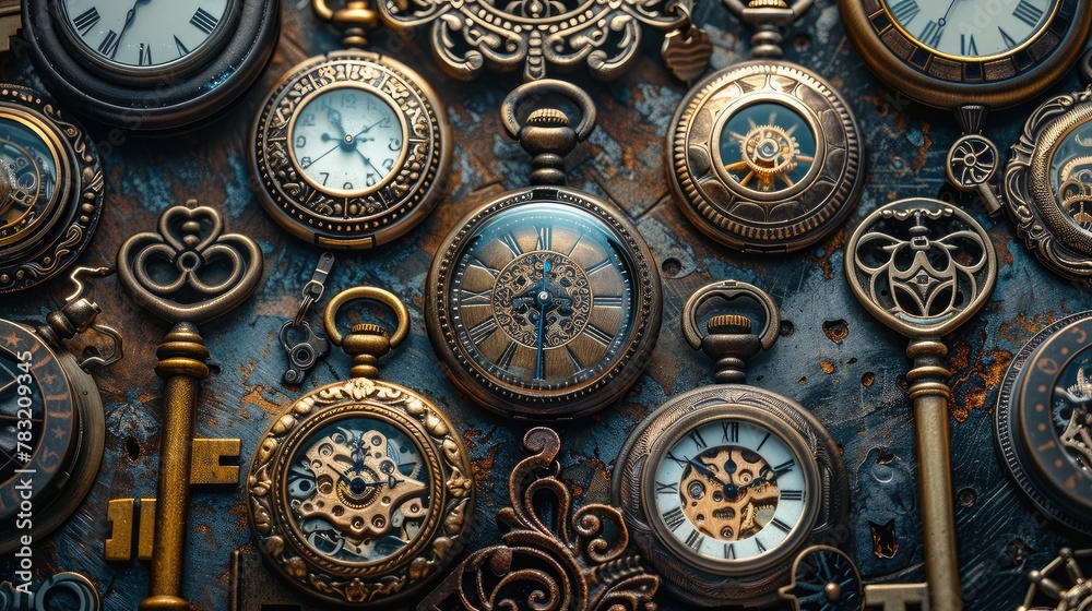 banner background National Cherish An Antique Day theme, and wide copy space, Abstract collage of vintage pocket watches and keys overlapping each other, symbolizing time and history,