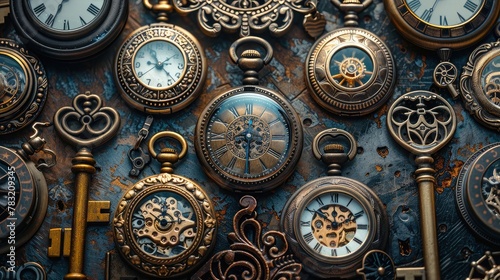 banner background National Cherish An Antique Day theme, and wide copy space, Abstract collage of vintage pocket watches and keys overlapping each other, symbolizing time and history,