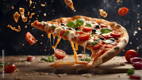 Using a slice of pizza as the primary subject, create a flying food shot with dynamic food splashes using photo