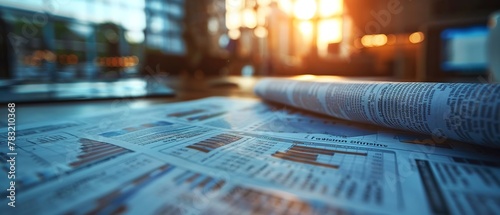 Close-up on financial newspaper headlines, crisp text, morning light, news update photo