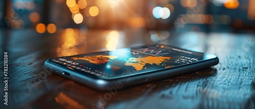 Close-up on a smartphone displaying global finance app, bright screen, modern style