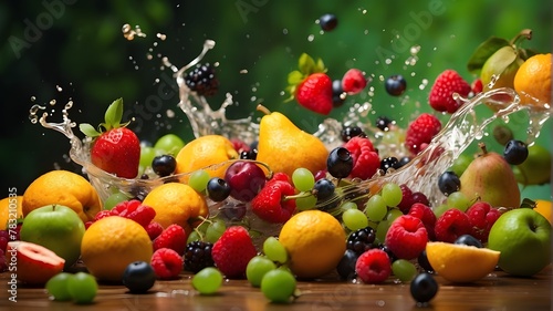 soaring  vibrant fruits with a splash against a green backdrop
