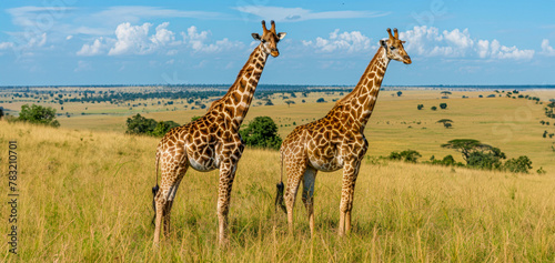 Two giraffes in a misty African landscape at dawn