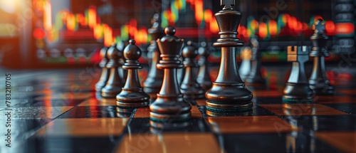 Chess pieces on stock graphs, strategic planning, focused lighting, macro view