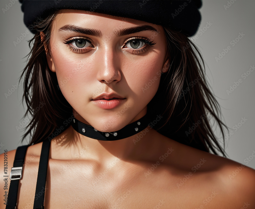A woman wearing a black hat and holding a leather strap around her neck. A woman wearing a black hat and holding a leather strap around her neck.