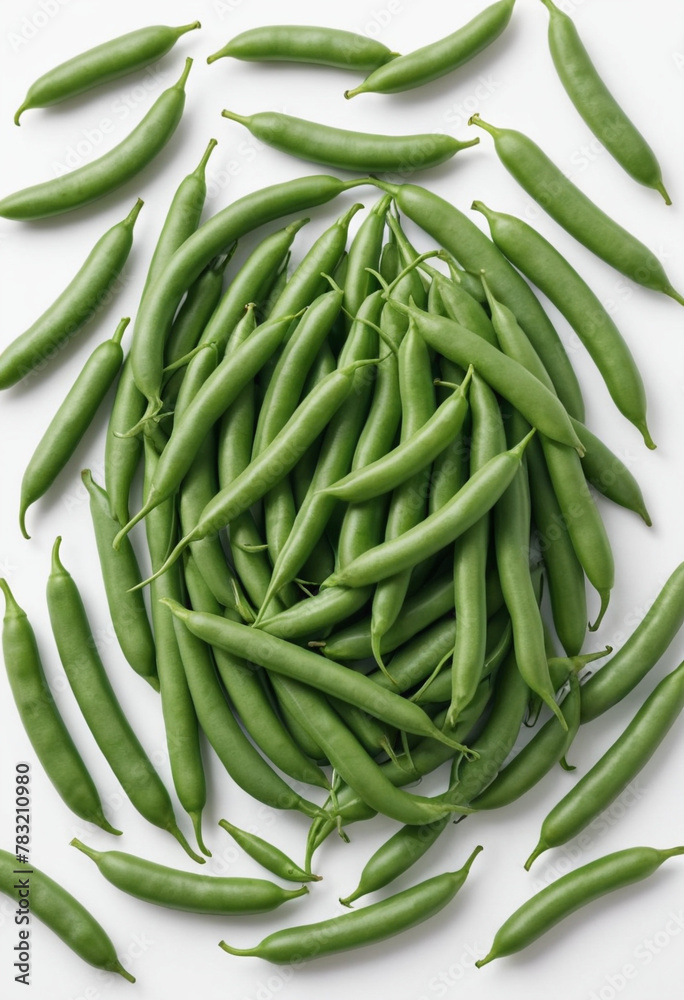 Fresh green bean on isolated white background , juicy and fresh, top view, Flat lay, no shadows