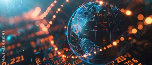 Virtual globe with abstract financial transaction lines, symbolizing the global economy
