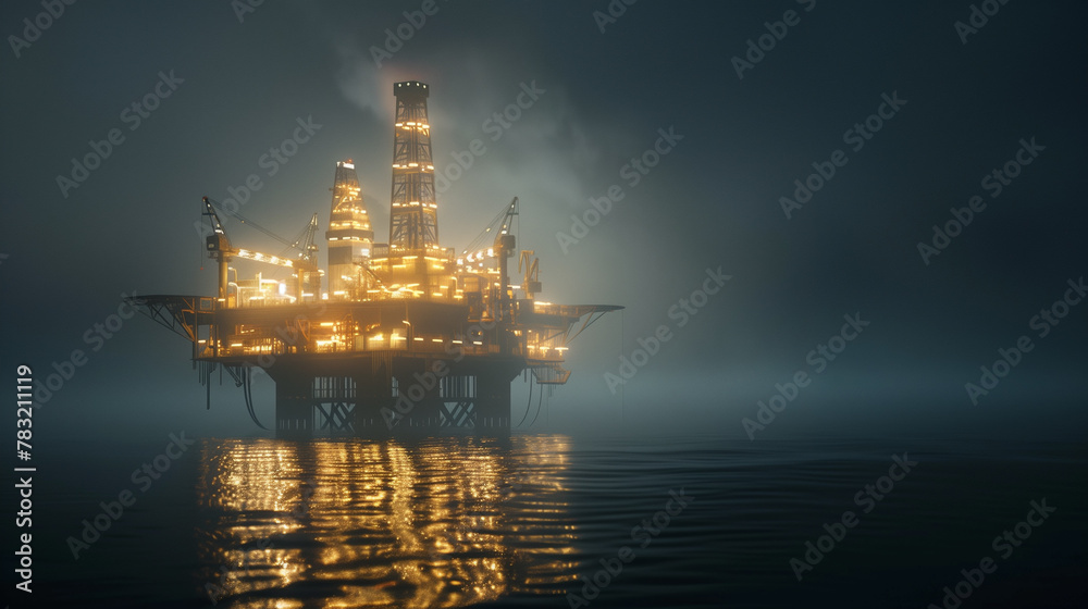 An offshore oil rig illuminated at night, symbolizing the global energy industry