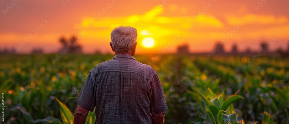 In a corn field at sunset, a senior farmer examines his crop from the rear.