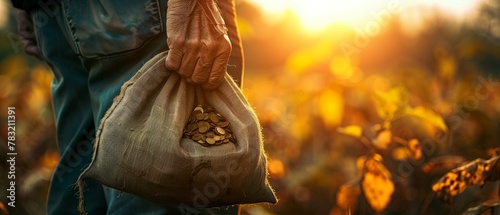 An image of a farmer holding a money bag is shown against a background of plantations. The image shows lending and subsidizing farmers, grants and support, profits from agribusiness, land value, and photo