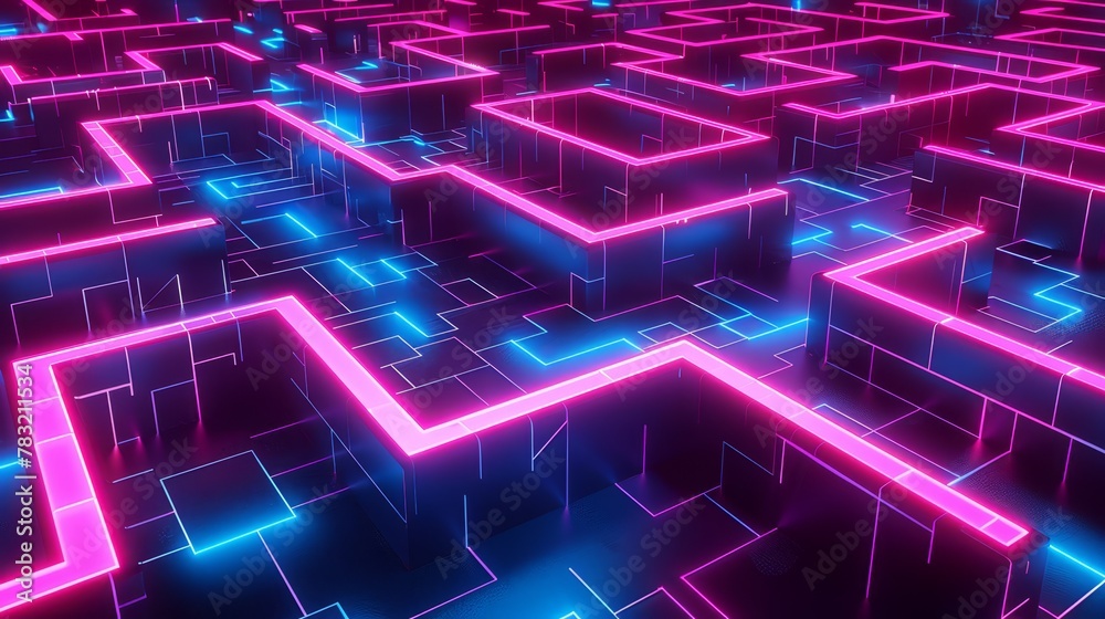 Cyber space neon maze, a puzzle of digital paths leading to future discoveries. Cyber space neon maze, a puzzle of digital paths leading to future discoveries.