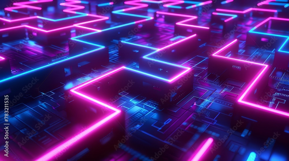 Cyber space neon maze, a puzzle of digital paths leading to future discoveries. Cyber space neon maze, a puzzle of digital paths leading to future discoveries.