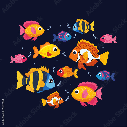 Flat vibrant fish set on black isolated background. Cute and cheerful sea fish, inhabitants of coral reefs in children's style. For textiles, wallpaper, posters.