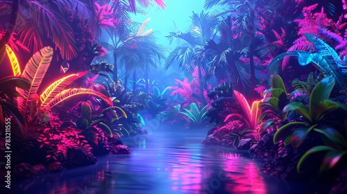 Cyber worlds digital neon rainforest  lush with vibrant data flora.