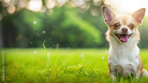 chihuahua dog with a cheerful expression and sitting in the middle of the garden with an empty space on the left side photo