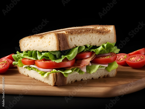 Un sándwich con jamón, queso, tocino, tomate, lechuga sobre una tabla de madera y un fondo negro. Vista de frente y de cerca. Ai Generativa