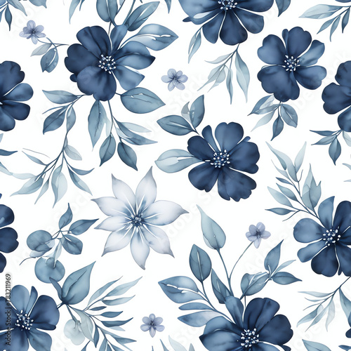 Vintage blue leaves and flower background, Wedding Invitation - Navy Floral