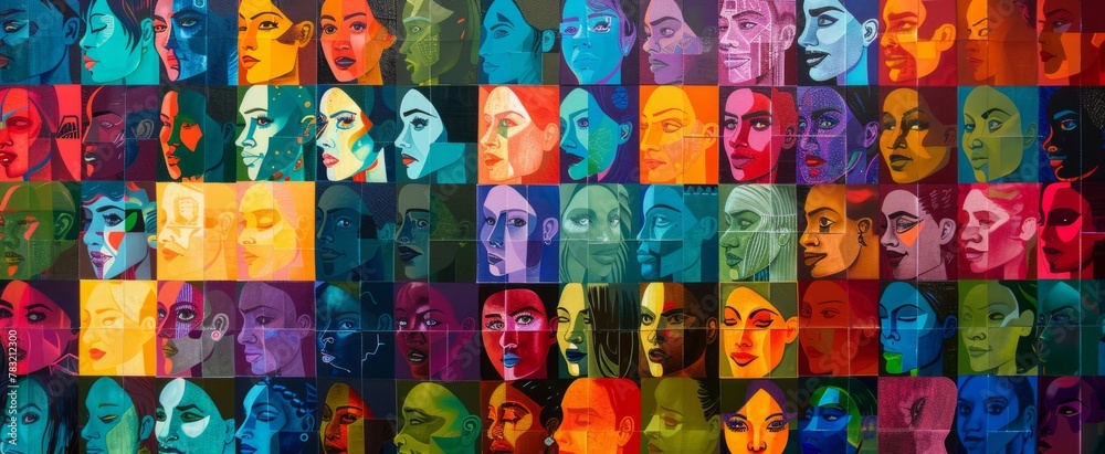 A vibrant, multicolored grid of squares depicting diverse faces Each square features a different face or figure, all interconnected to form one large pattern Generative AI