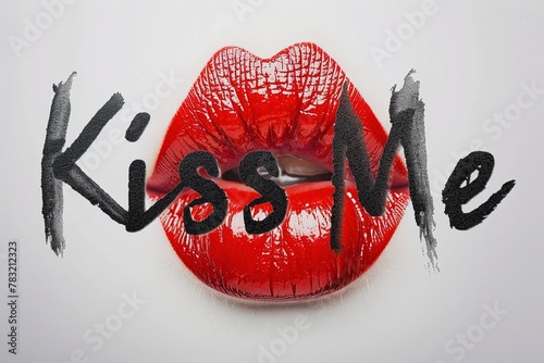 Ein roter Kussmund auf weißem Untergrund und die Worte Kiss Me in schwarzer Schrift 