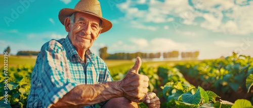 A farmer works on a soybean plantation. An elderly man looks at the camera and gives his thumbs up