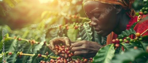 A coffee plantation worker gathers beans on a bushy plantation photo