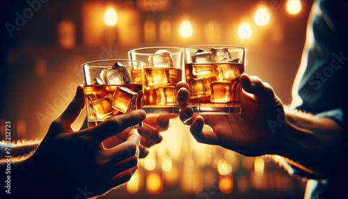 A heartwarming scene of three hands clinking glasses filled with amber whiskey. The glasses have large ice cubes that catch the light