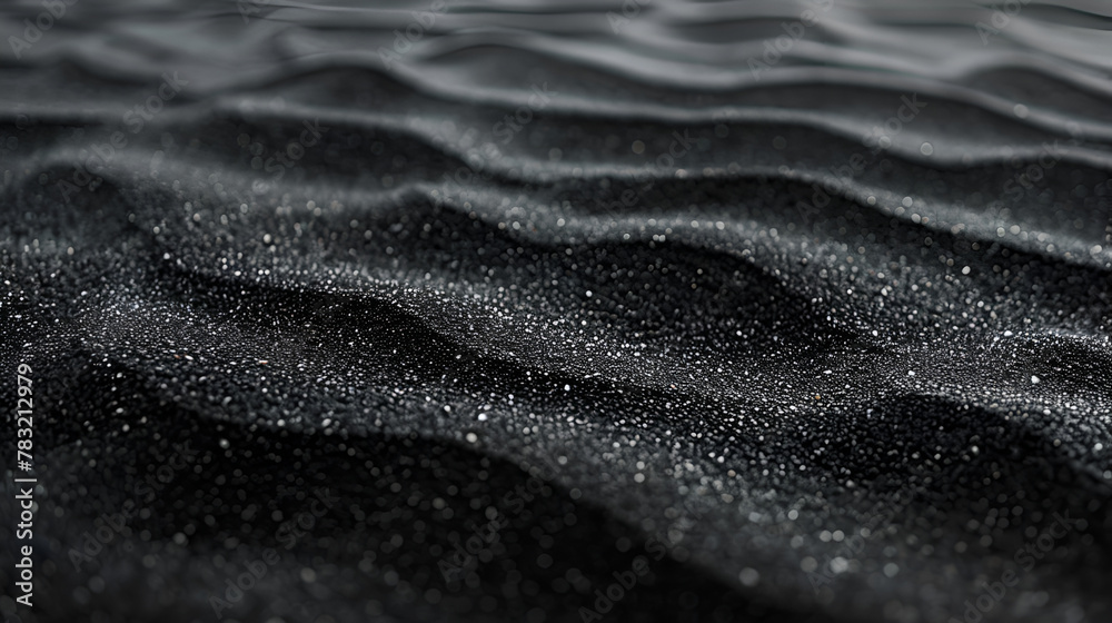 Shiny black crumpled fabric texture ,Black sand waves as background ,Raw sand texture on clear backdrop, Black and white grainy dot grime design - obrazy, fototapety, plakaty 