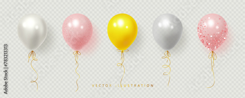 Realistic pink, white, yellow, and transparent grey balloons. Vector illustration