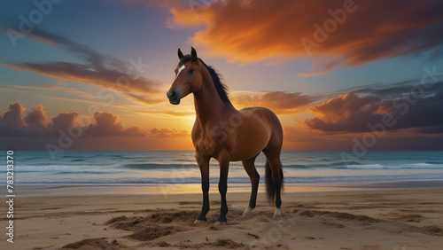 Brown Horse Majestically Standing on a Sandy Beach © deeplek