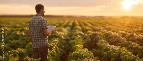 Businessman inspecting carrot harvest on his tablet while using an online app or agriculture management system. Modern farmer checking plant growth progress on his tablet.