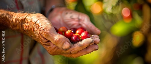 Coffee farmer picking ripe cherries in St Helena photo