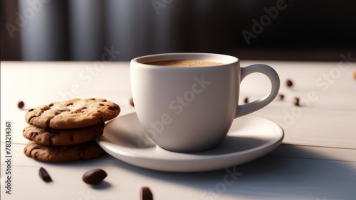 Cup of coffee on a saucer next to a cookie.
