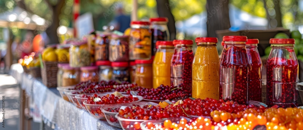 At the outdoor farmers market, berries and preserves are for sale