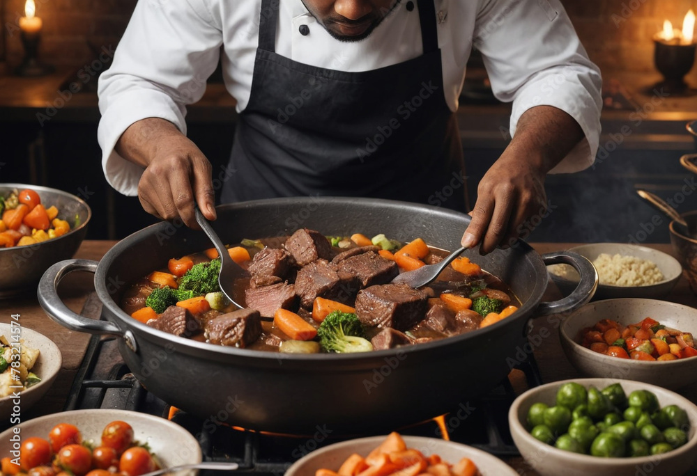 realistic photogrpah with soft lighting of a black chef preparing a stew, with vegetables and meat already prepperd around him. close up. realistic photogrpah with soft lighting of a black chef preparing a stew, with vegetables and meat already prepperd around him. close up.