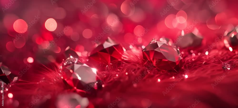Red and pink diamonds on red velvet with out of focus red lights in the background. Red and pink diamonds on red velvet with out of focus red lights in the background.
