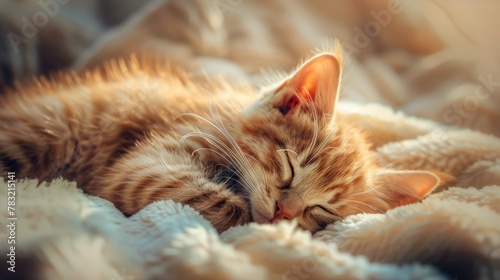 Cute little red kitten sleeps on fur white blanket  © SAHURI