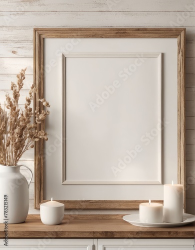 Close-up frame mockup in farmhouse interior, 3d rendering
