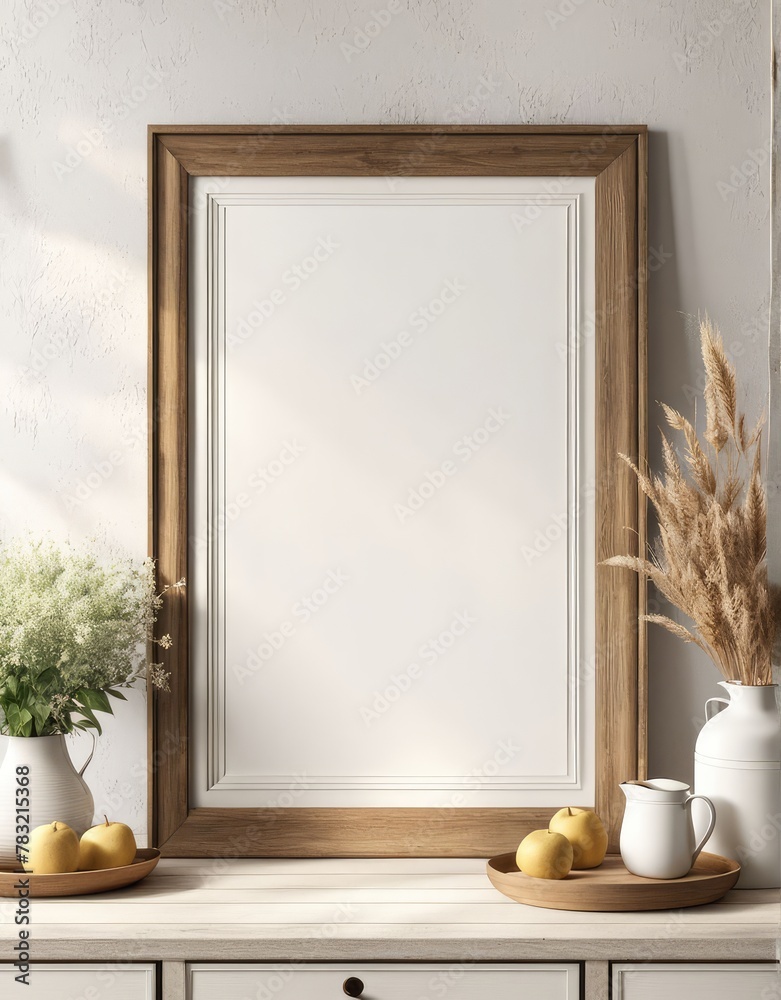 Close-up frame mockup in farmhouse interior, 3d rendering Close-up frame mockup in farmhouse interior, 3d rendering
