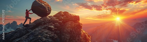 Detailed image of a resilient spirit, person pushing a heavy boulder uphill, sunrise in the background. photo