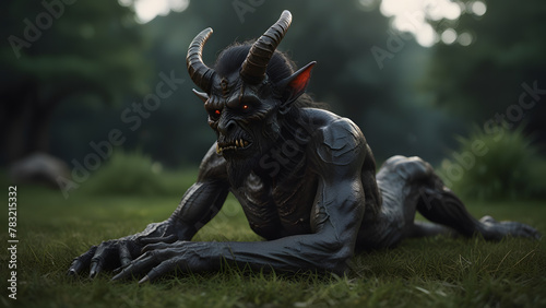 Realistic Baal Demon Resting on Grass photo