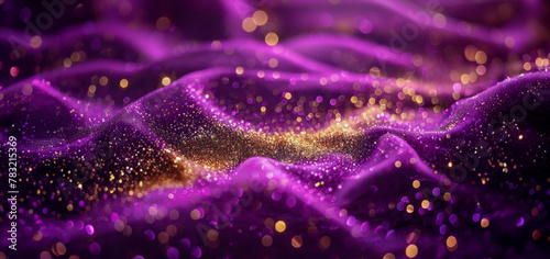 Elegant purple satin fabric with sparkling golden glitter under soft lighting
