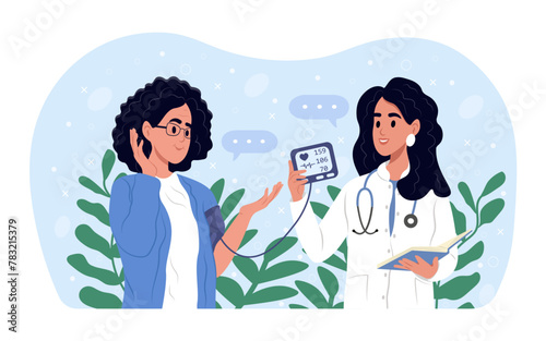 Blood pressure measurement. Hypertensive heart disease. World hypertension day. A doctor consults an elderly patient about cardiac diseases. Medical examination, cardiac examination