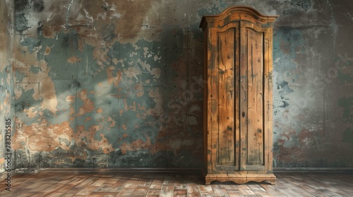 Armoire vintage, old wooden cabinet in abandoned room, backdrop dark grunge decor rustic