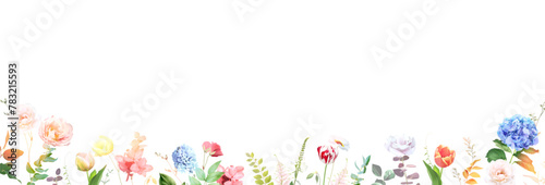 Summer garden greenery banner with leaves and flowers. Spring tulips, hydrangea, rose, hyacinth, wildflowers and plants. Botanical frame design. Vector card. All elements are isolated and editable.