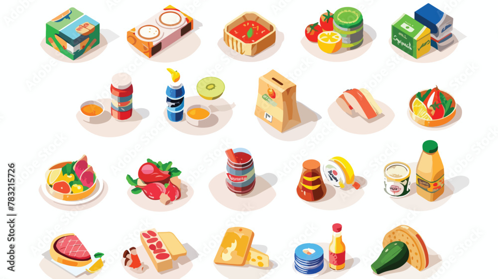 Food shopping icons set. Isometric illustration of