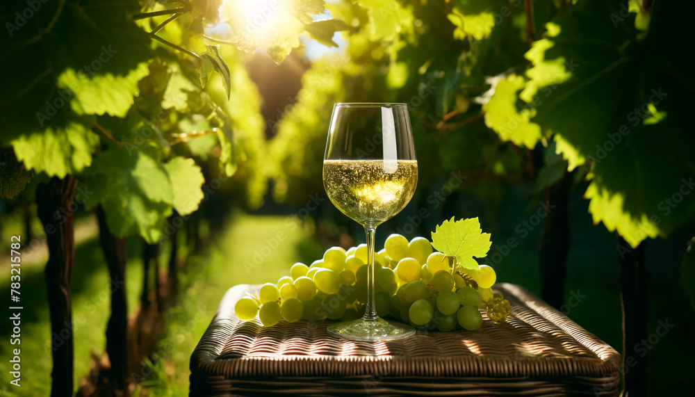 A sunlit scene with a glass of white wine, placed on a wicker table outdoors. The wine sparkles in the natural light