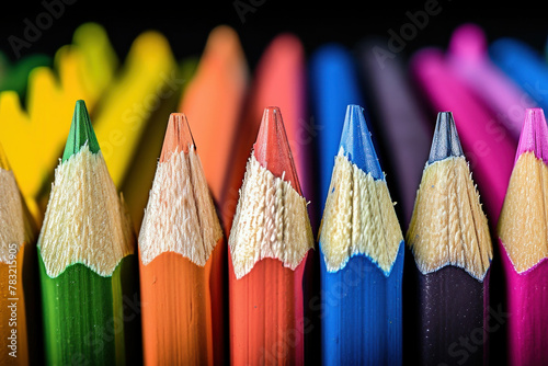 Assorted colorful pencils in row on black background with one standing out in middle