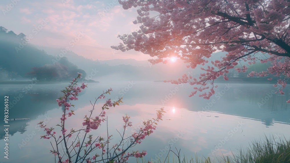 Misty sunrise by a cherry blossom lake - A serene scene with cherry blossoms framing a lake at sunrise with mist hovering over the calm water, creating a peaceful setting
