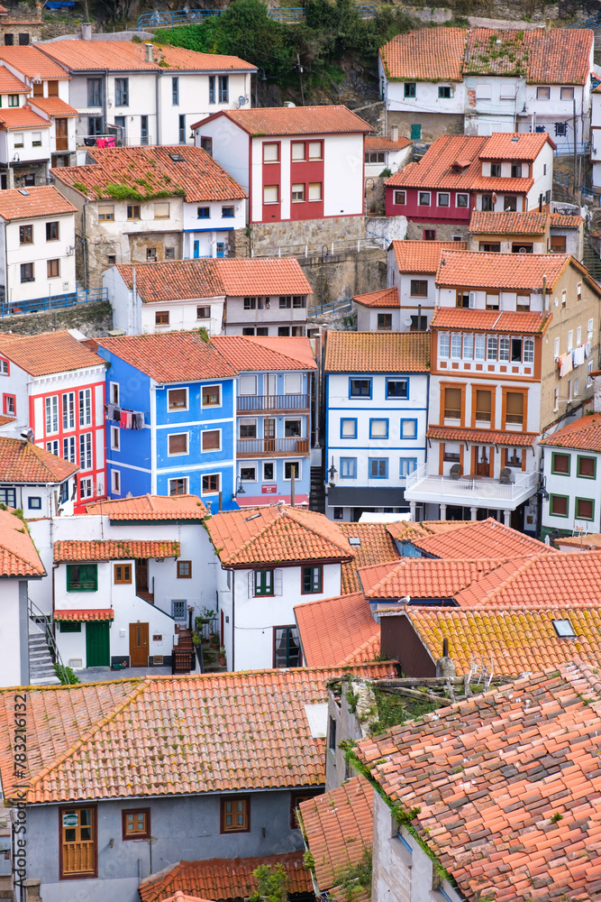 Houses and roofs in Cudillero, typical Asturian coastal town, Spain