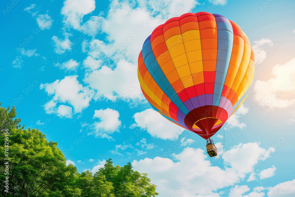 Colorful hot air balloon flying in the blue sky with clouds and a green tree background, concept for summer vacation or travel holiday trip Colorful hot air balloon flying in the blue sky with clouds and a green tree background, concept for summer vacation or travel holiday trip